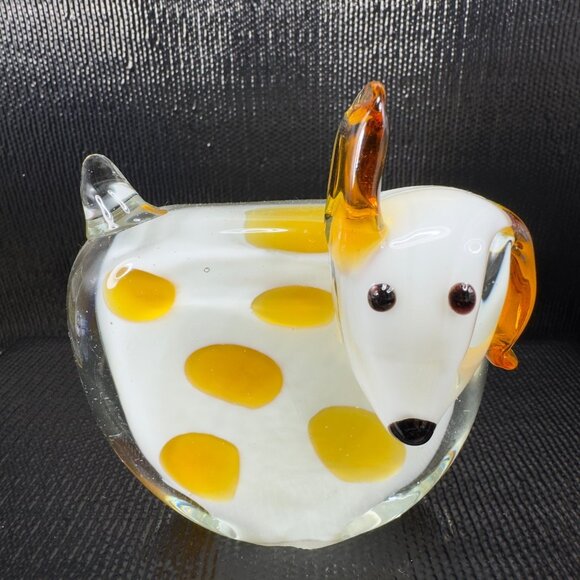 Pier 1 Art Glass Puppy Dog Figurine Paperweight White With Amber Dots Figure VTG - Picture 11 of 11